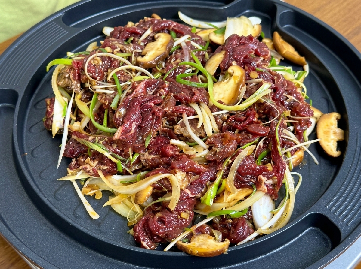 Manzo marinato con fette di cipolla e funghi che sfrigolano su una piastra circolare.