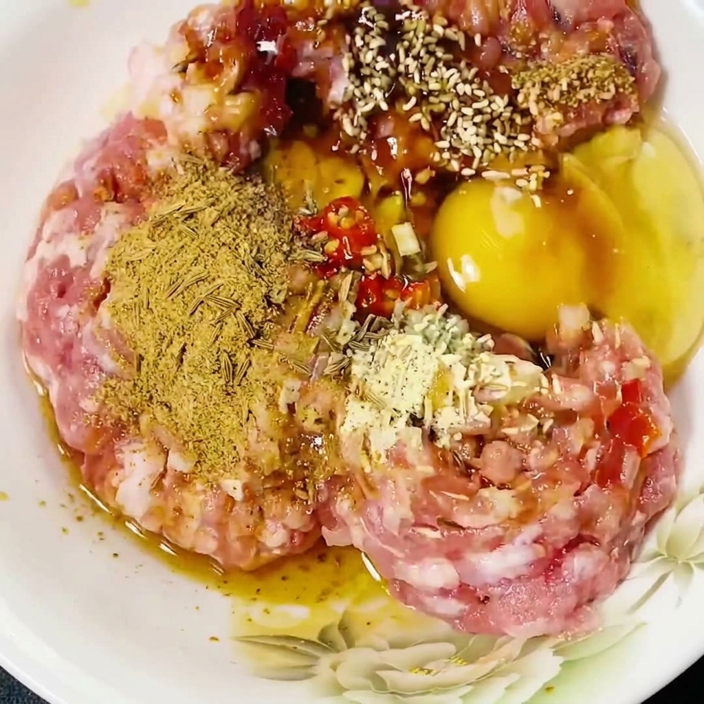 Maiale macinato mescolato con le bacchette in una ciotola.