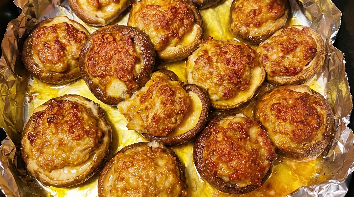 Funghi ripieni dorati cotti nella friggitrice ad aria, arrostiti per una succosità perfetta.