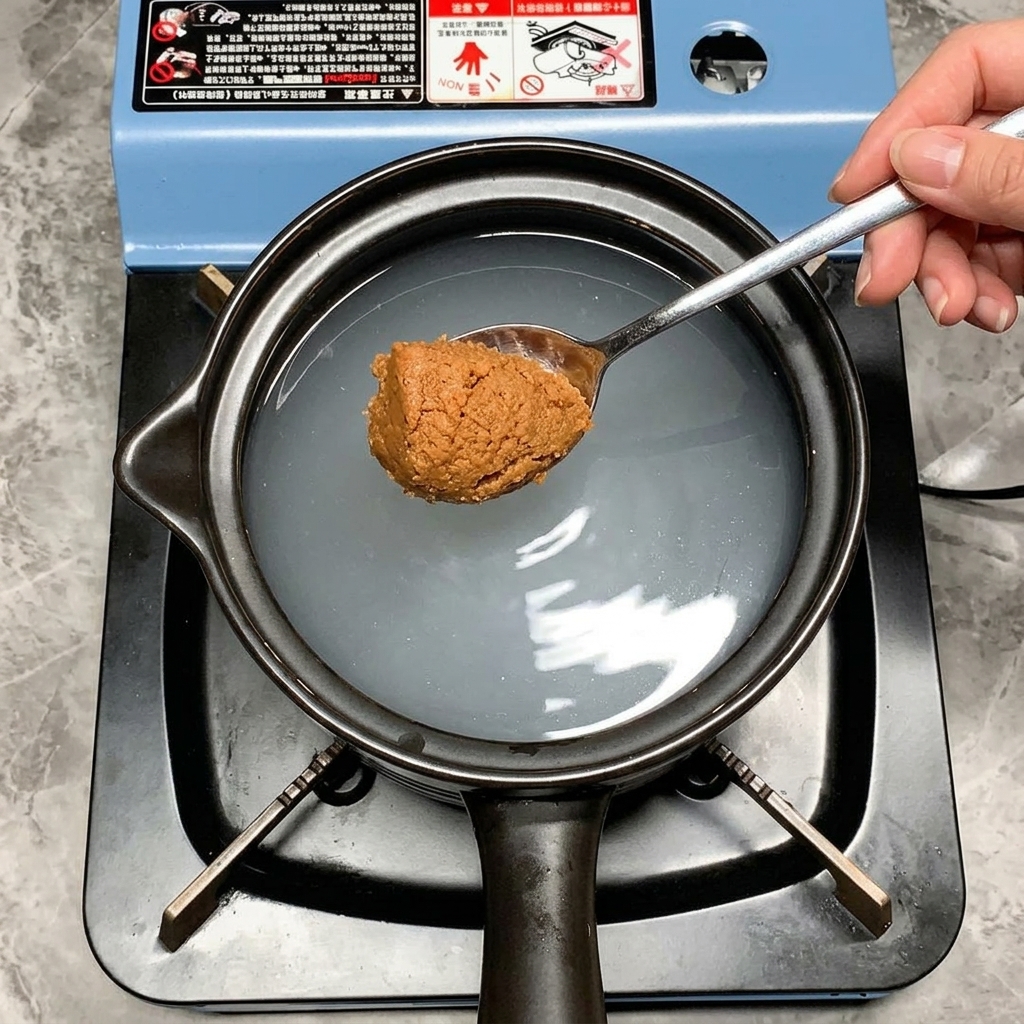 Un cucchiaio di pasta di soia marrone tenuto sopra una pentola riempita con acqua di riso torbida e biancastra.