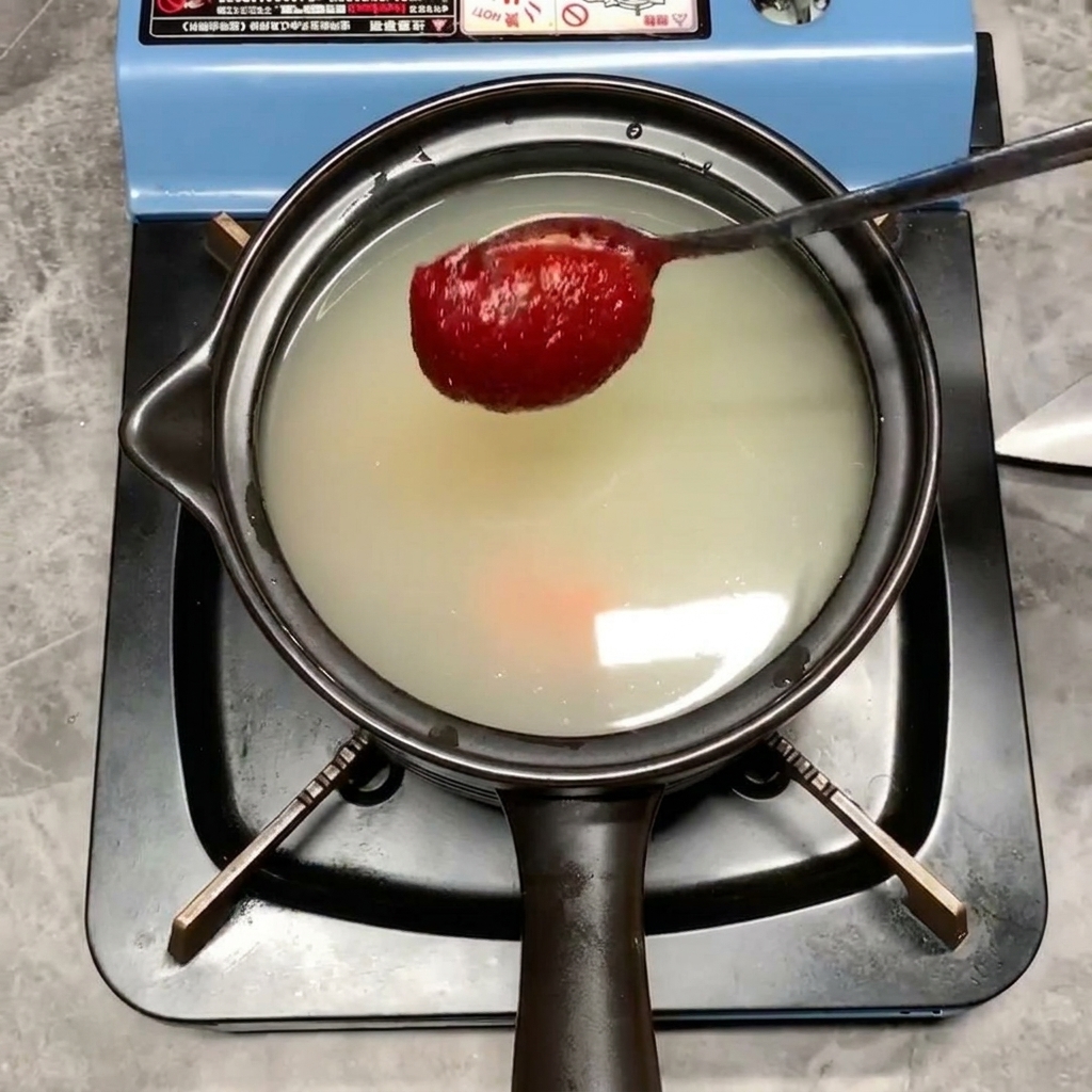 Un cucchiaio di spessa pasta di peperoncino rosso brillante che viene calato nella pentola con il brodo.