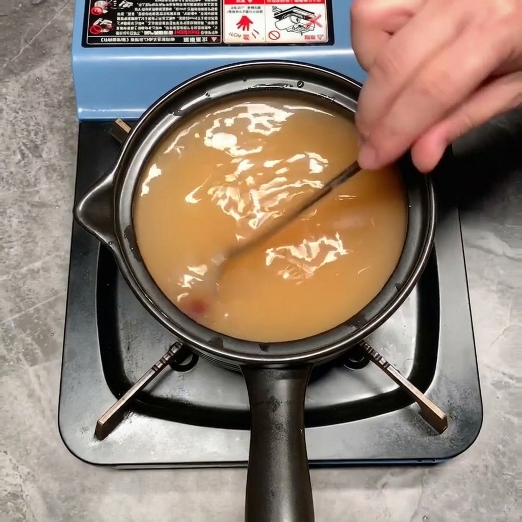 Un cucchiaio di metallo che mescola il brodo, creando un liquido uniforme color aranciato.