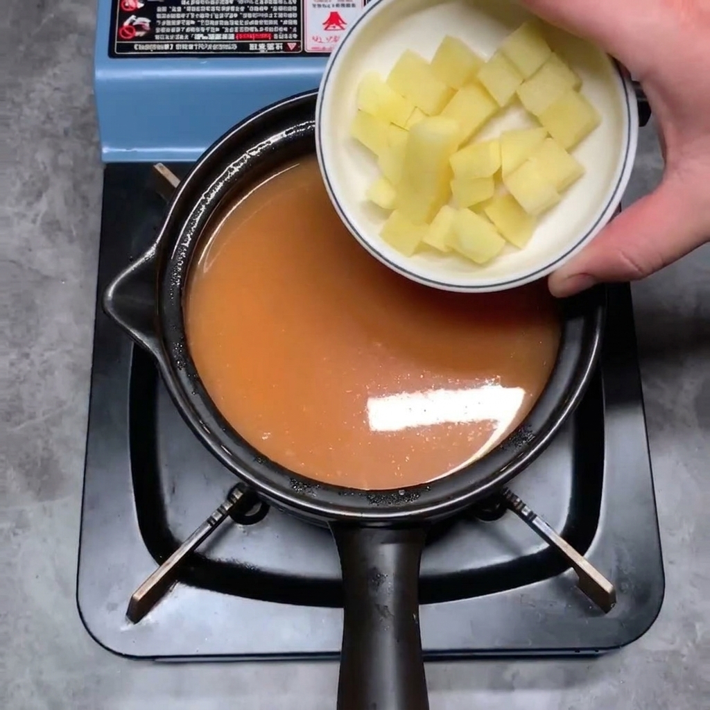 Cubetti di patate crude che vengono aggiunti alla base dello stufato che sobbolle.