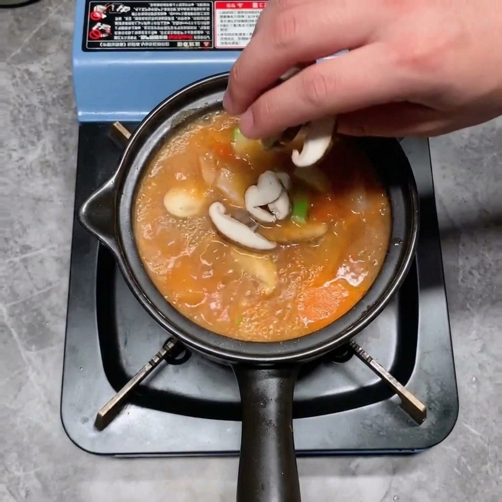 Cubetti di tofu bianco morbido che vengono posizionati delicatamente nello stufato che sobbolle.