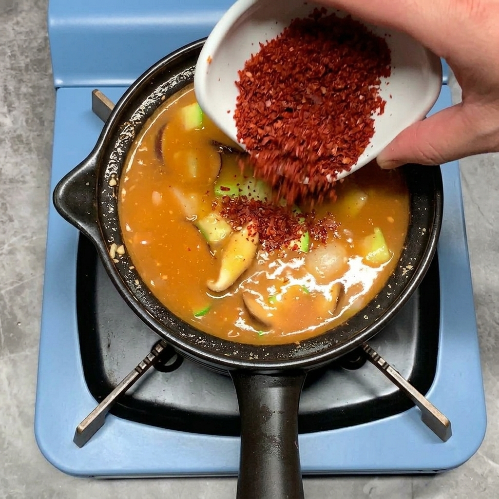 Una mano che versa del peperoncino rosso in polvere da una ciotolina bianca in una pentola di stufato che sobbolle.