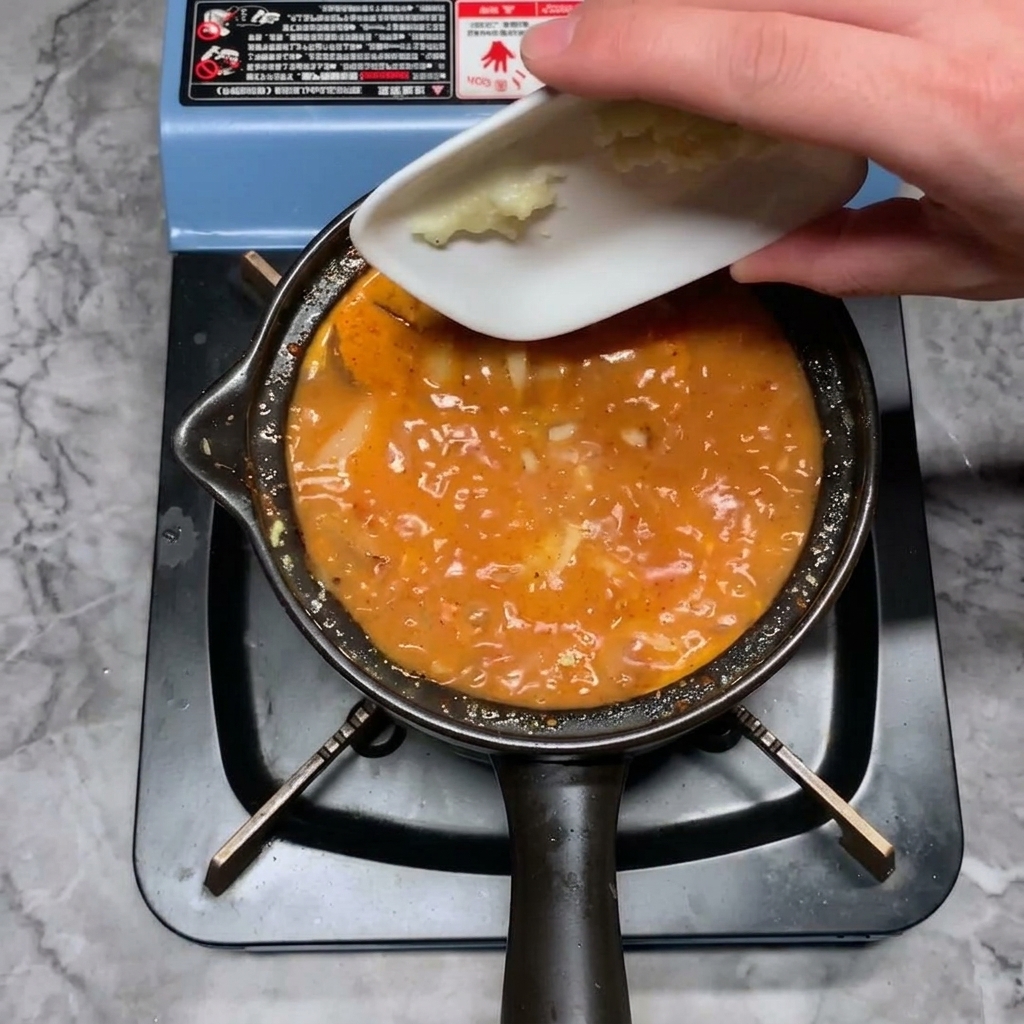 Una mano che aggiunge una porzione di aglio tritato da un piattino bianco nello stufato caldo.
