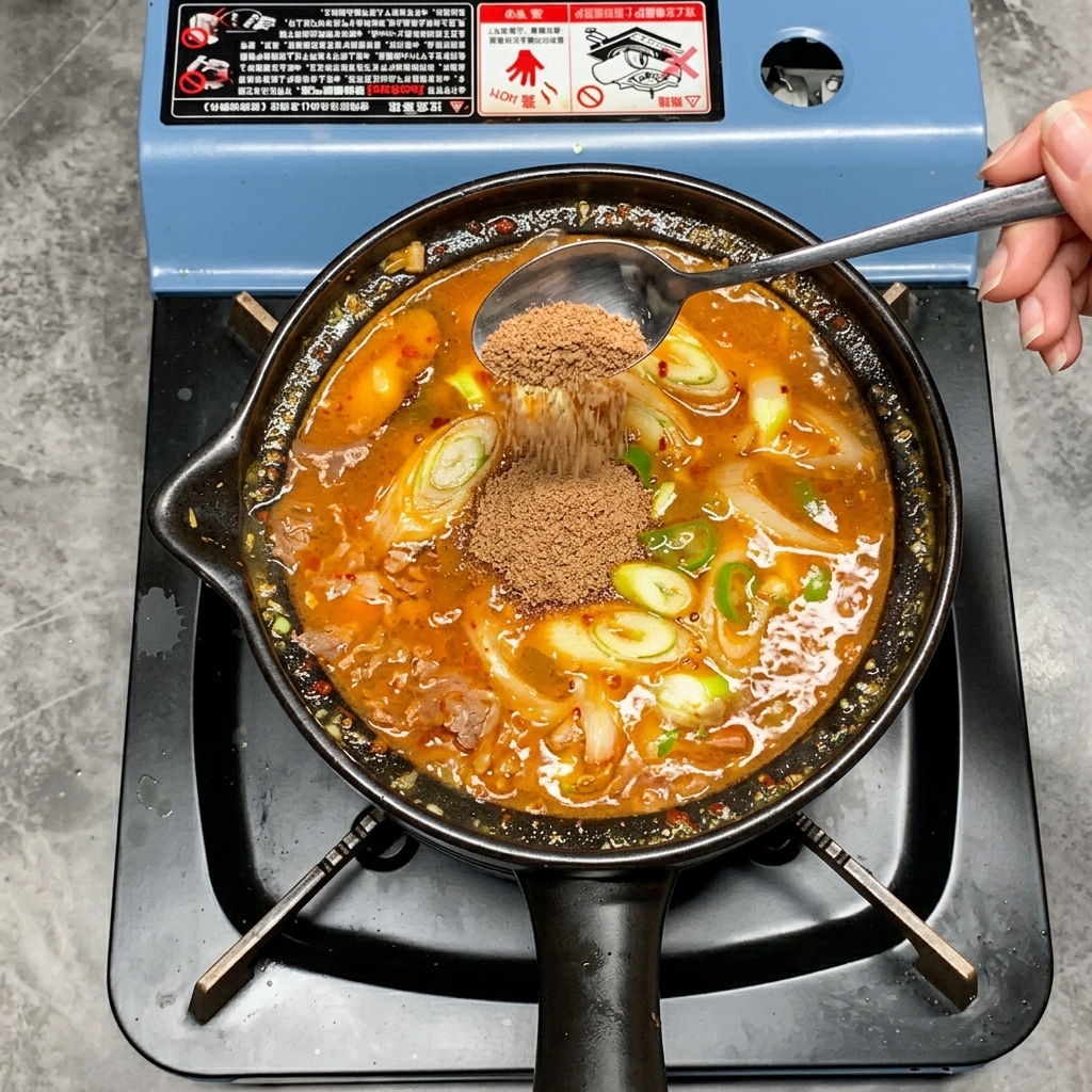 Un cucchiaio di insaporitore per carne in polvere che viene aggiunto a un ricco stufato coreano in ebollizione.