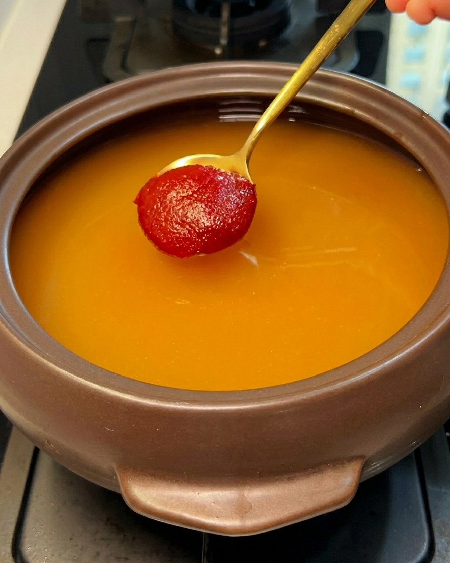 Pasta di peperoncino rossa mescolata nel brodo, conferendogli un colore intenso.