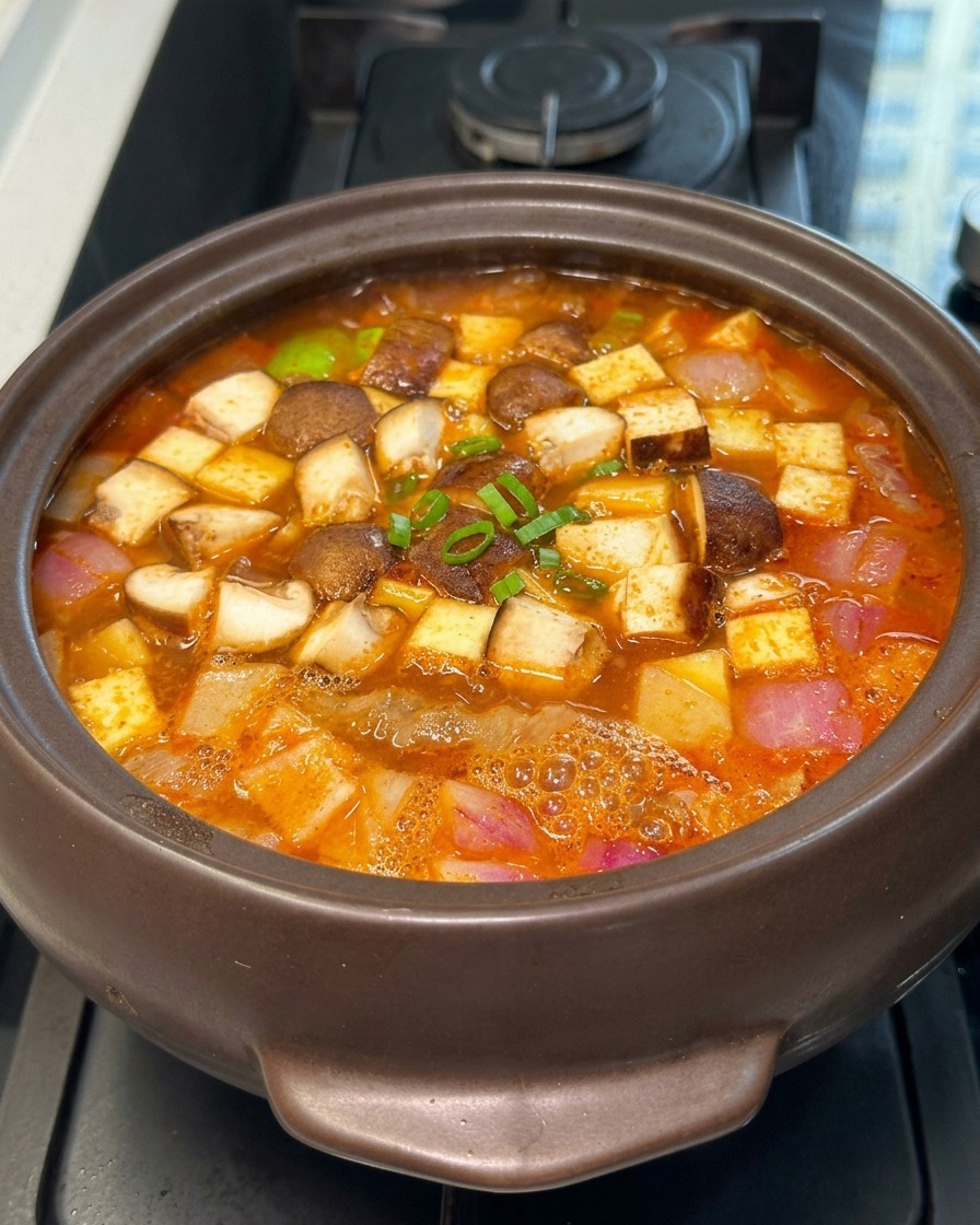 Un tegame di pietra con brodo rosso, tofu a cubetti, shiitake e cipolle.