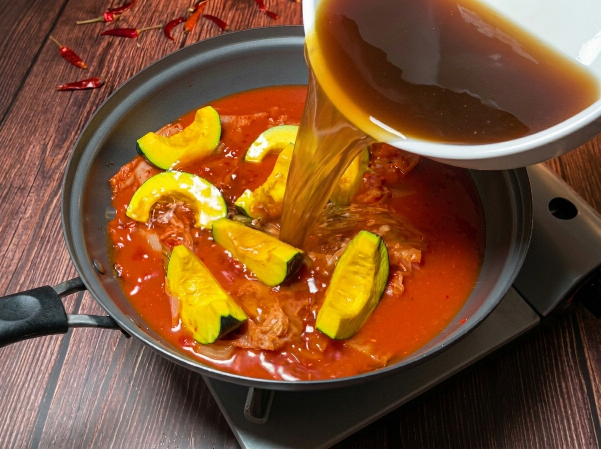 Brodo dorato versato in una pentola contenente kimchi e pezzi di zucca kabocha gialla.