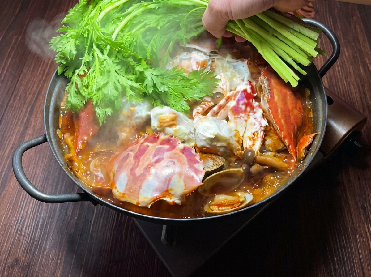 Verdure di crisantemo commestibile fresco e cipollotti aggiunti come guarnizione allo stufato di granchio e kimchi finito.