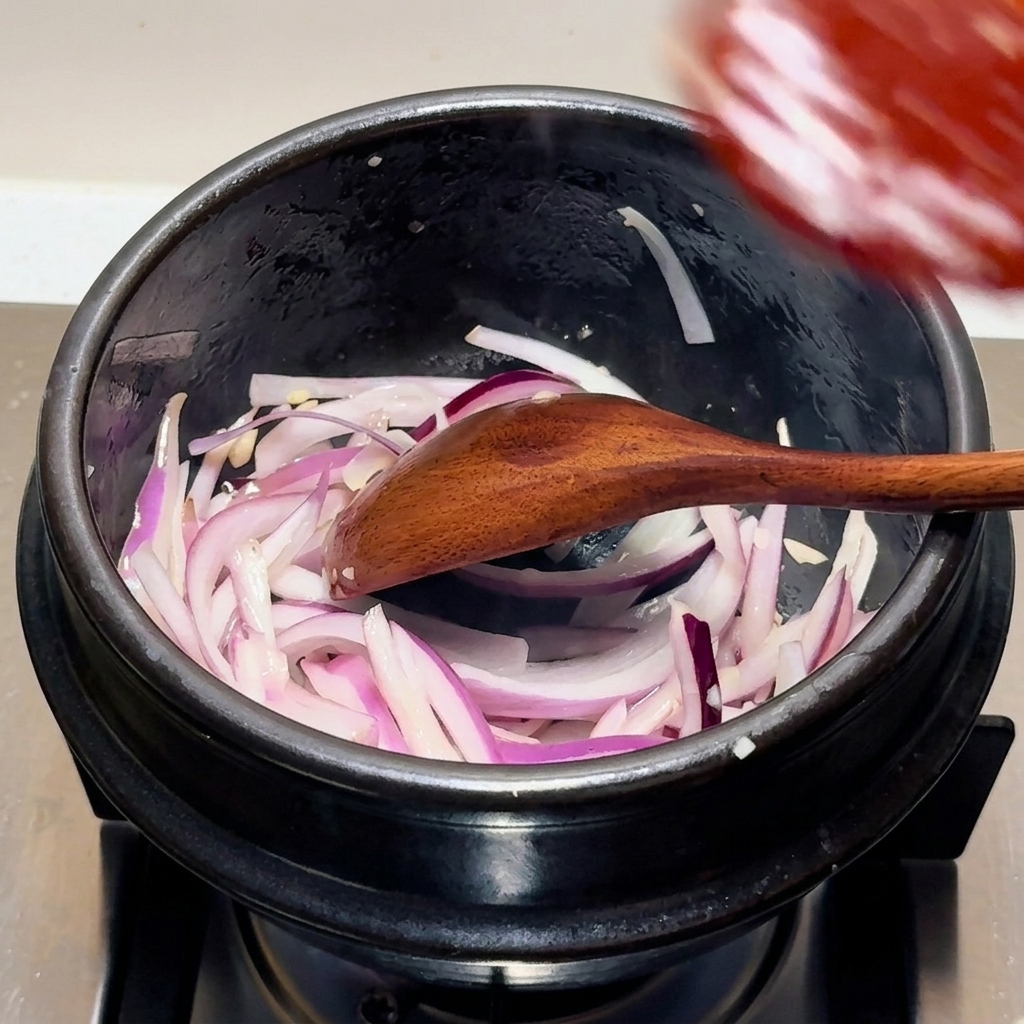Una salsa rosso scuro aggiunta alle cipolle soffritte in un pentolino di pietra, mescolata con un cucchiaio di legno.