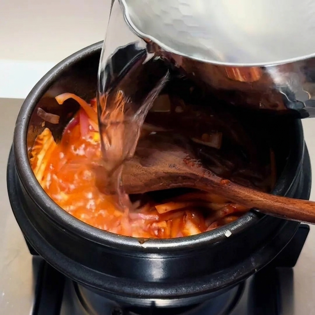 Acqua calda versata da una brocca di metallo in un pentolino con la base di kimchi soffritta.