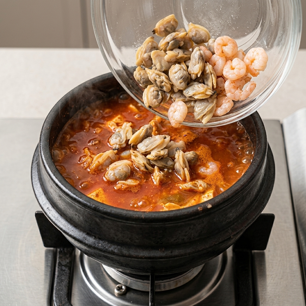 Gamberi crudi e carne di vongole versati da una ciotola in una pentola di stufato di kimchi bollente.