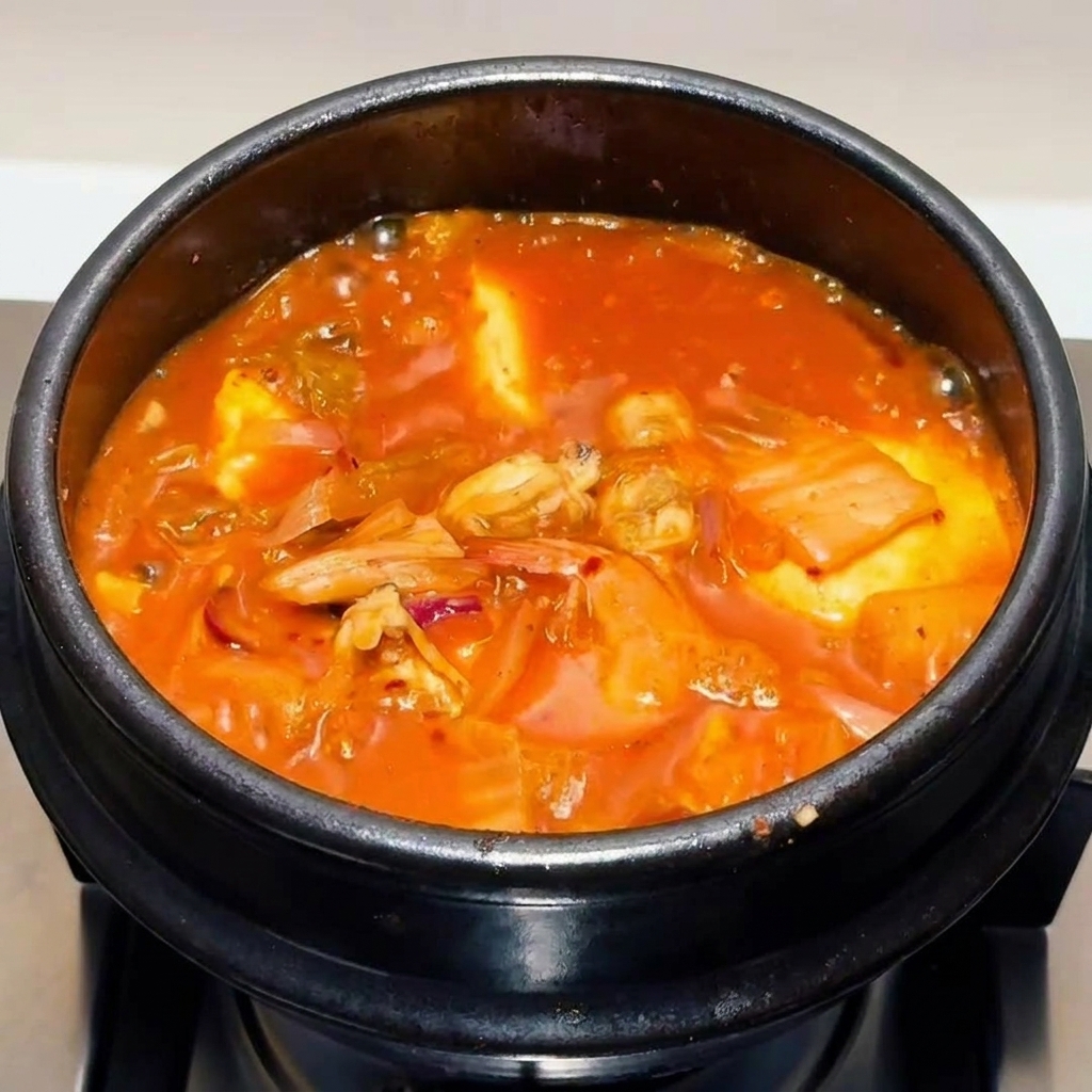 Lo stufato di kimchi pronto, guarnito con cipollotti freschi tritati.