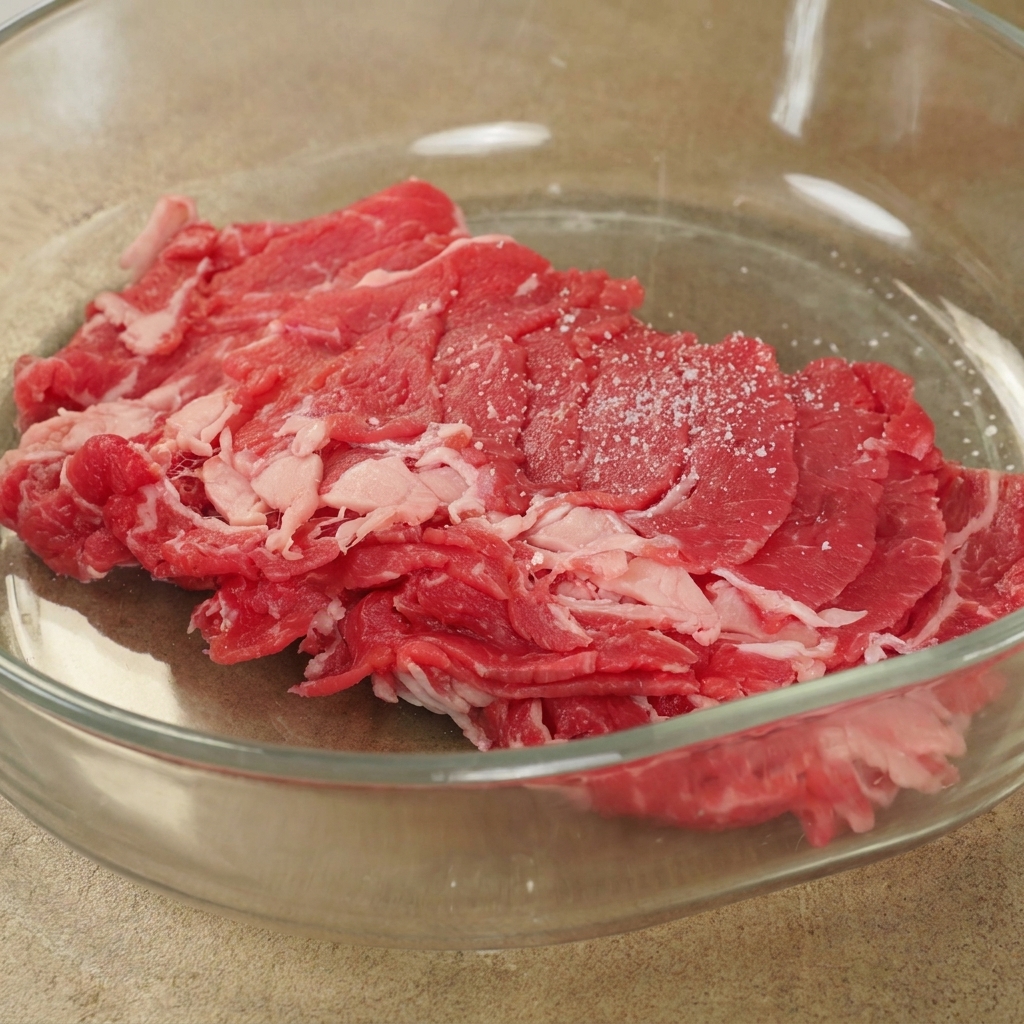 Fettine di manzo crudo in una ciotola di vetro cosparse di sale e altri condimenti.