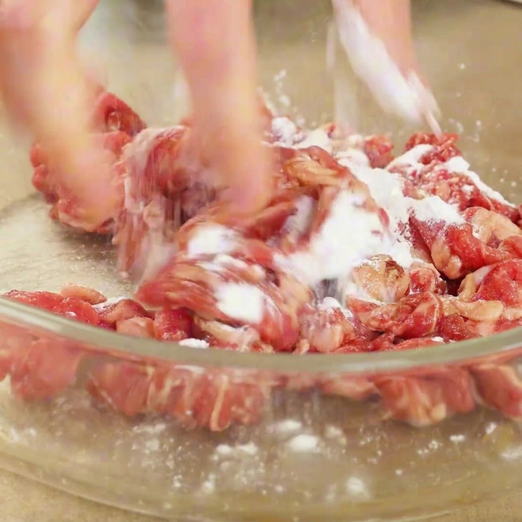 Mani che mescolano attivamente le fettine di manzo crudo con amido e condimenti liquidi in una ciotola.