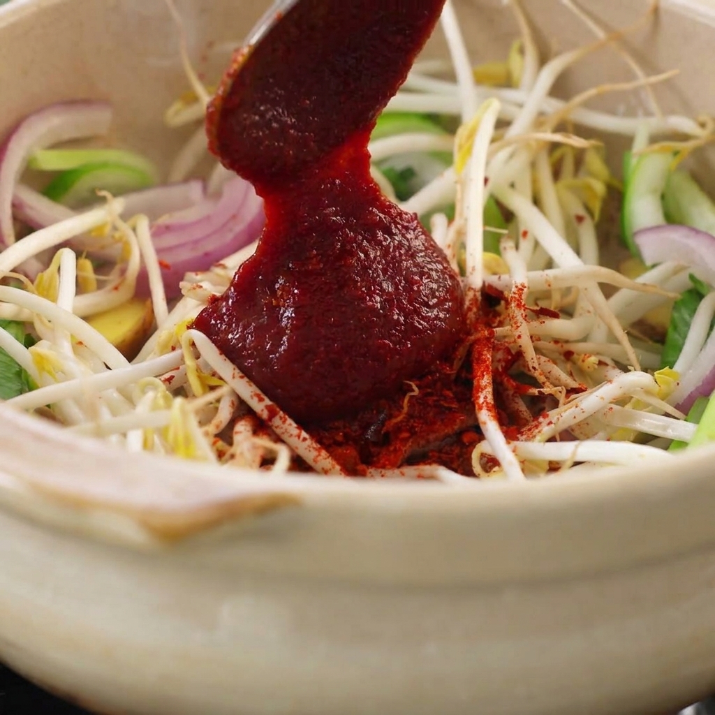 Un cucchiaio di pasta di peperoncino coreana rossa aggiunta al mix di verdure nella pentola.