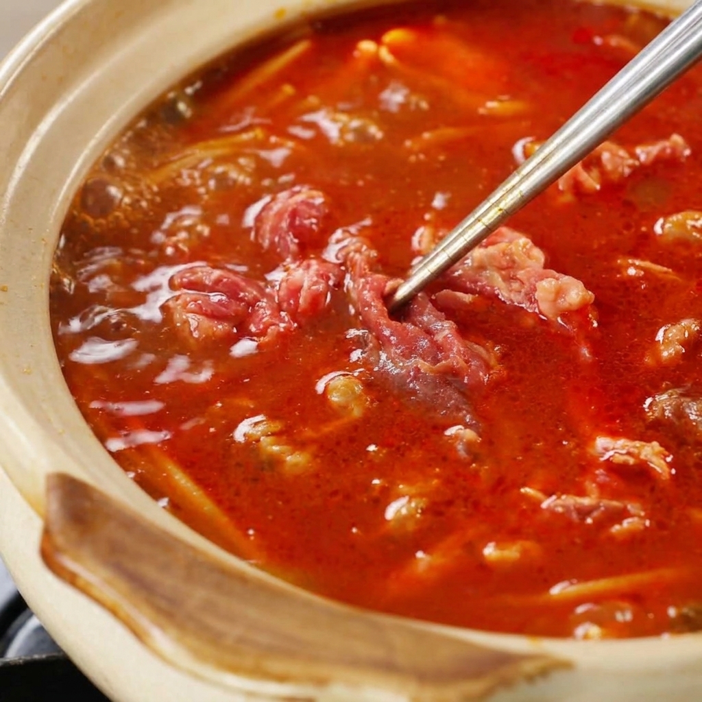 Pinze di metallo che immergono fettine di manzo marinato in una zuppa rossa vibrante e bollente.