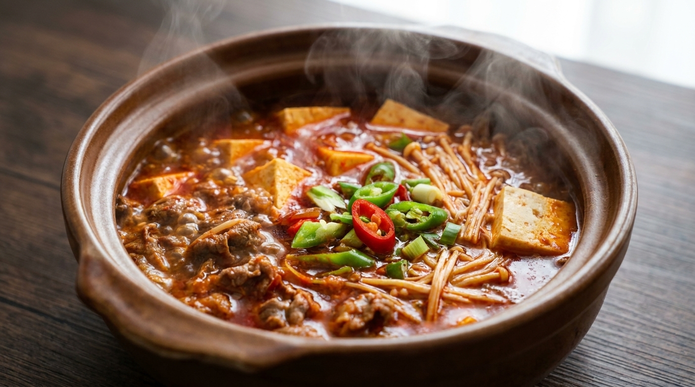Zuppa piccante di manzo e tofu in pentola di terracotta