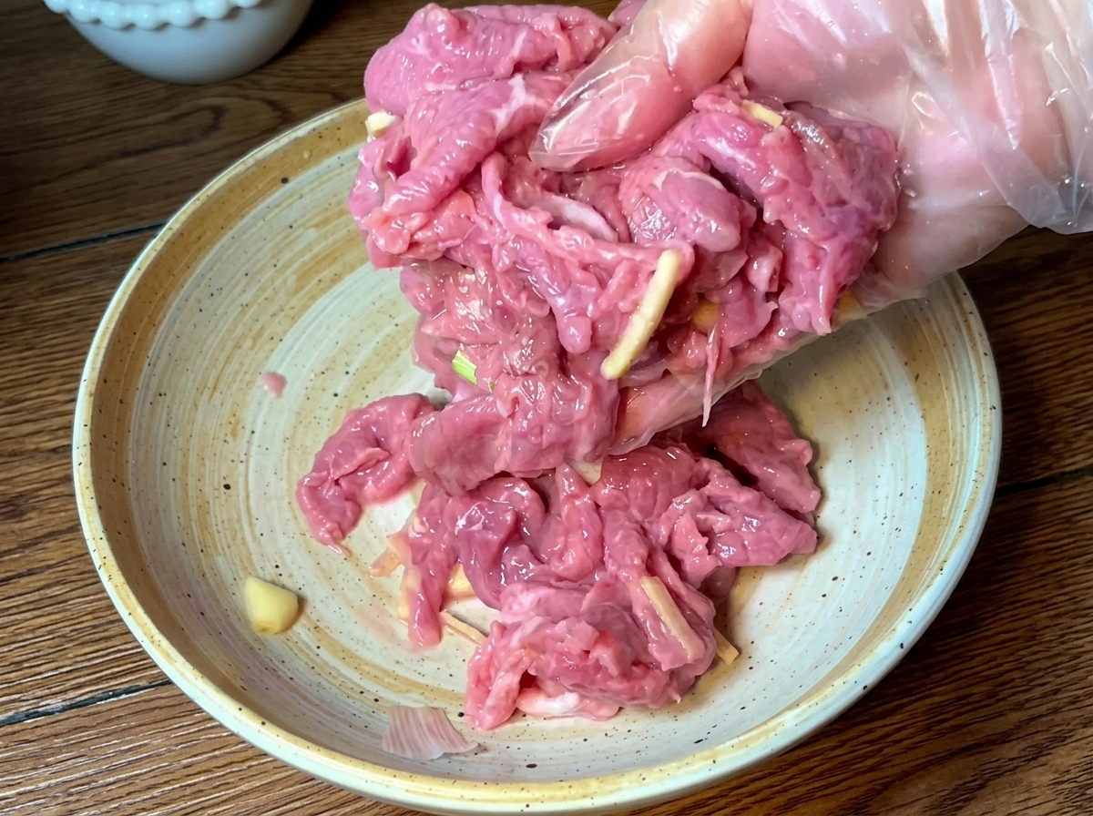 Fettine di manzo marinate che saltano in padella fino a doratura.