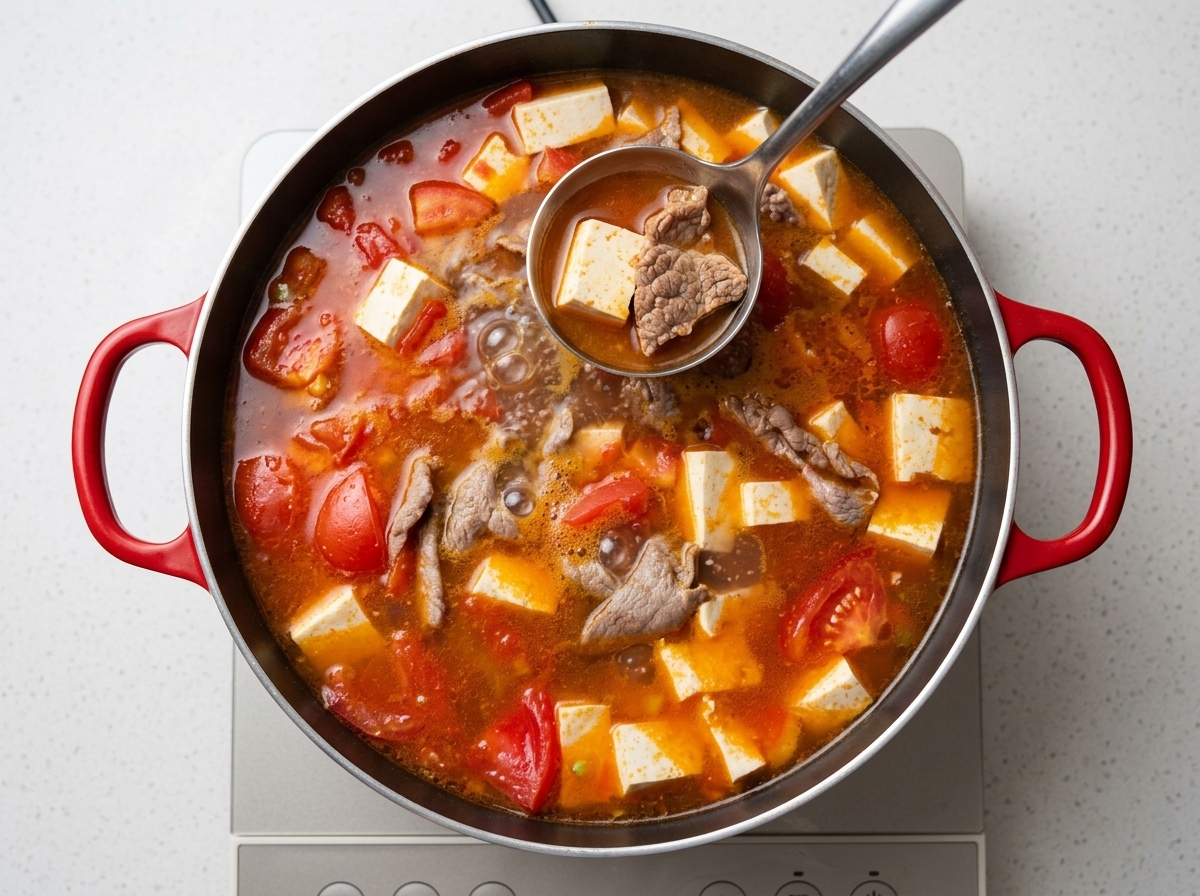 Una pentola fumante di zuppa di manzo e tofu guarnita con spezie.