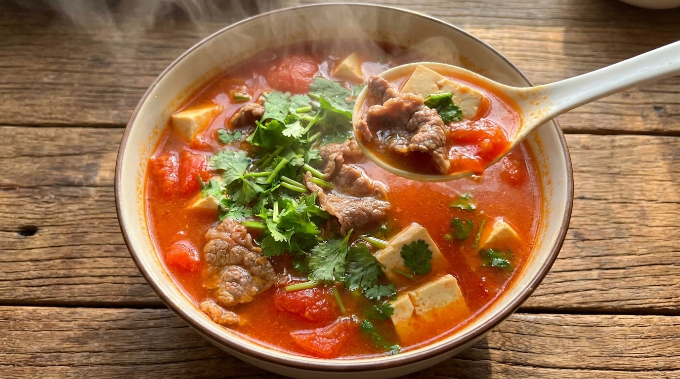 Zuppa di Manzo e Tofu di Seta ai Pomodori