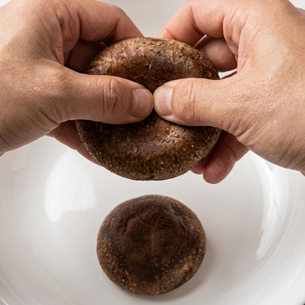 Primo piano di mani che spezzettano un fungo shiitake fresco a metà sopra una ciotola bianca.