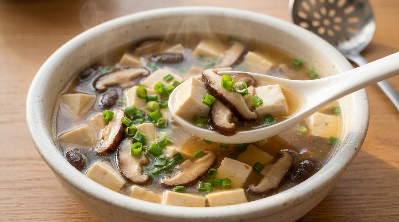Zuppa saporita di funghi shiitake e tofu