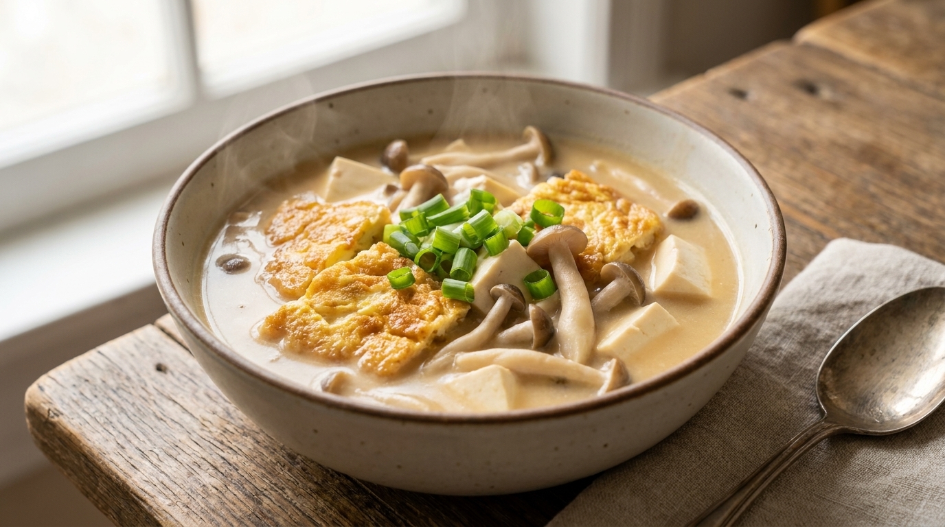 Zuppa dorata di uova, funghi e tofu
