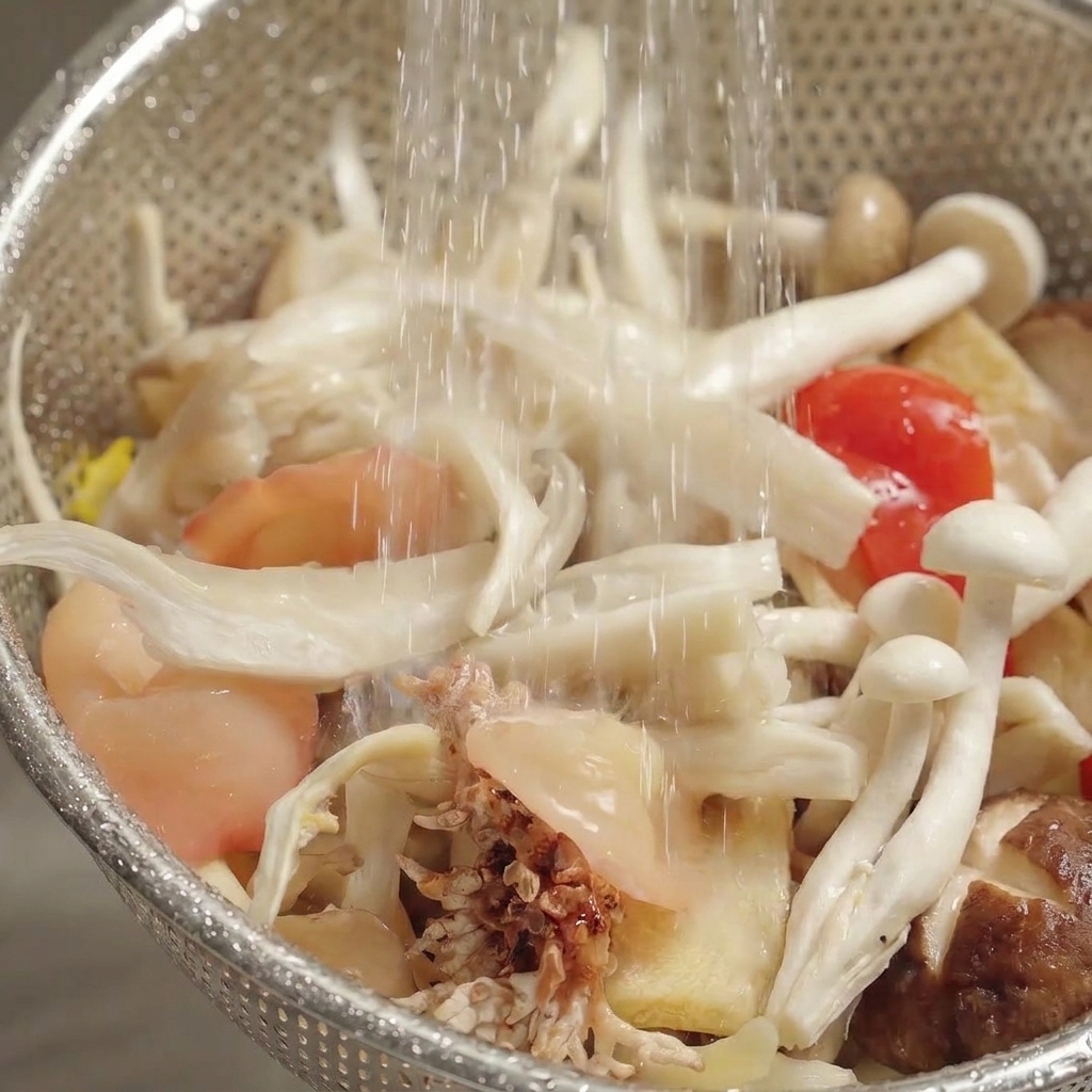 Varietà di funghi freschi lavati sotto acqua corrente fredda in uno scolapasta.