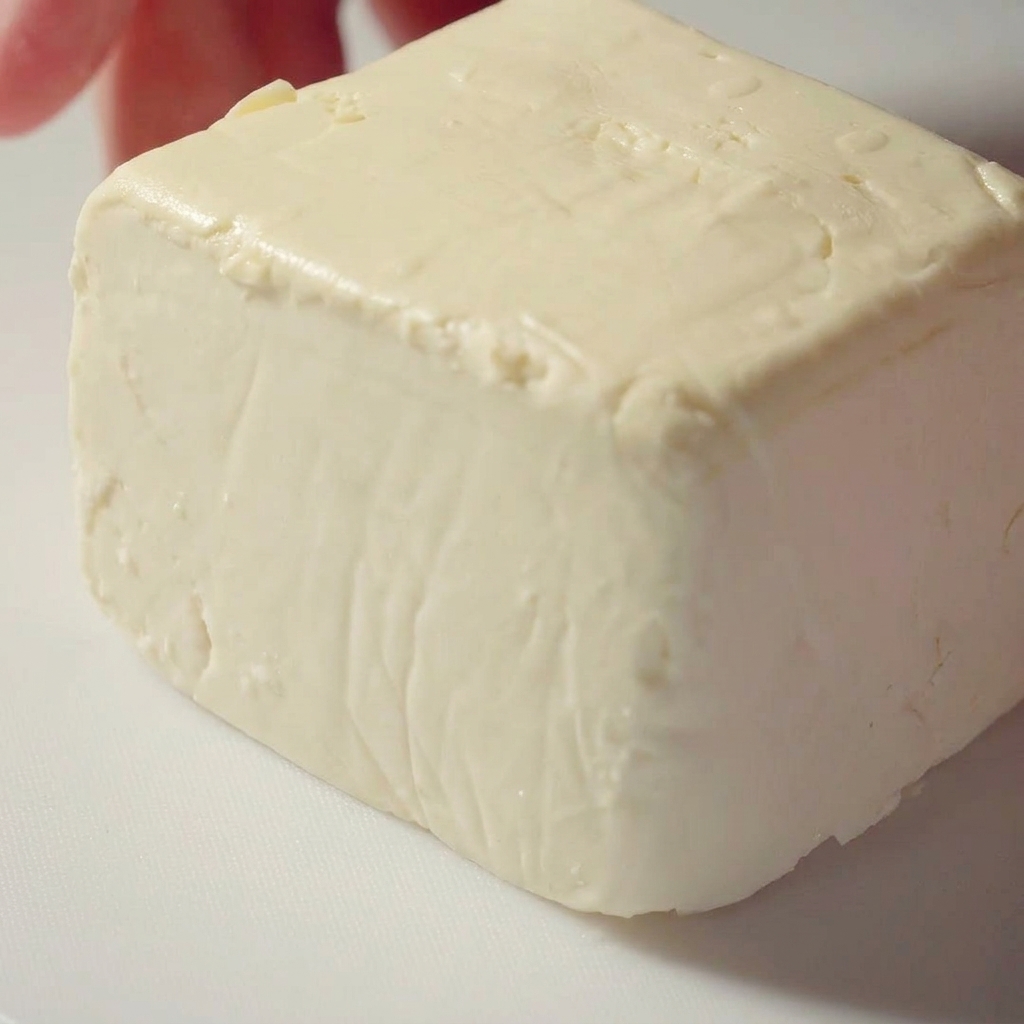 Un blocco di tofu bianco tagliato a triangoli su un tagliere.