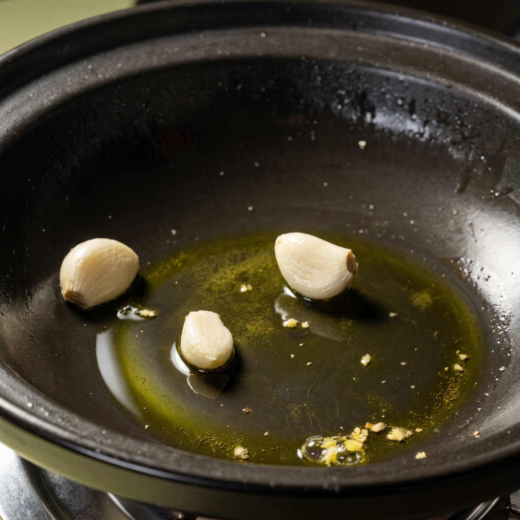 Spicchi daglio che sfrigolano in olio caldo allinterno di una pignatta.
