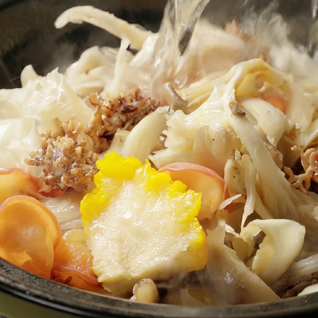 Varietà di funghi in una pignatta con acqua calda versata sopra di essi.