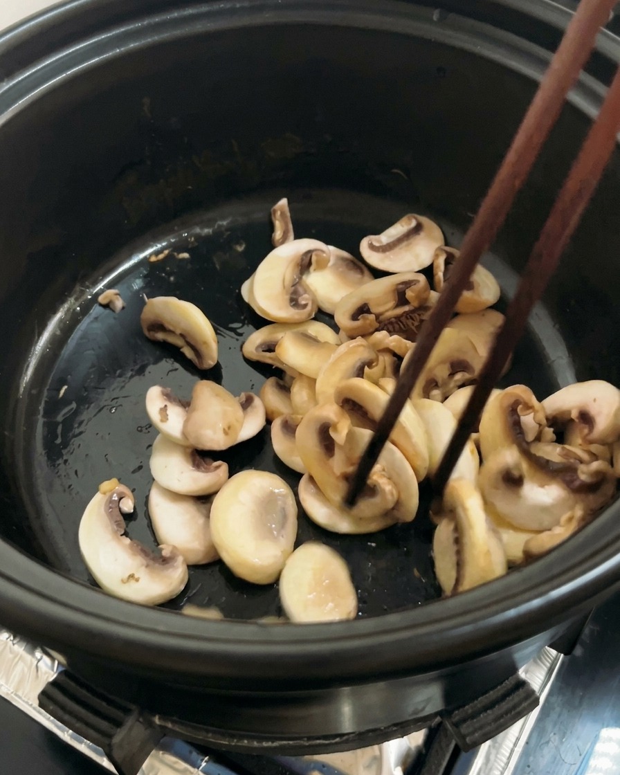 Funghi affettati mescolati con bacchette di legno in una pentola fino a ottenere una doratura.