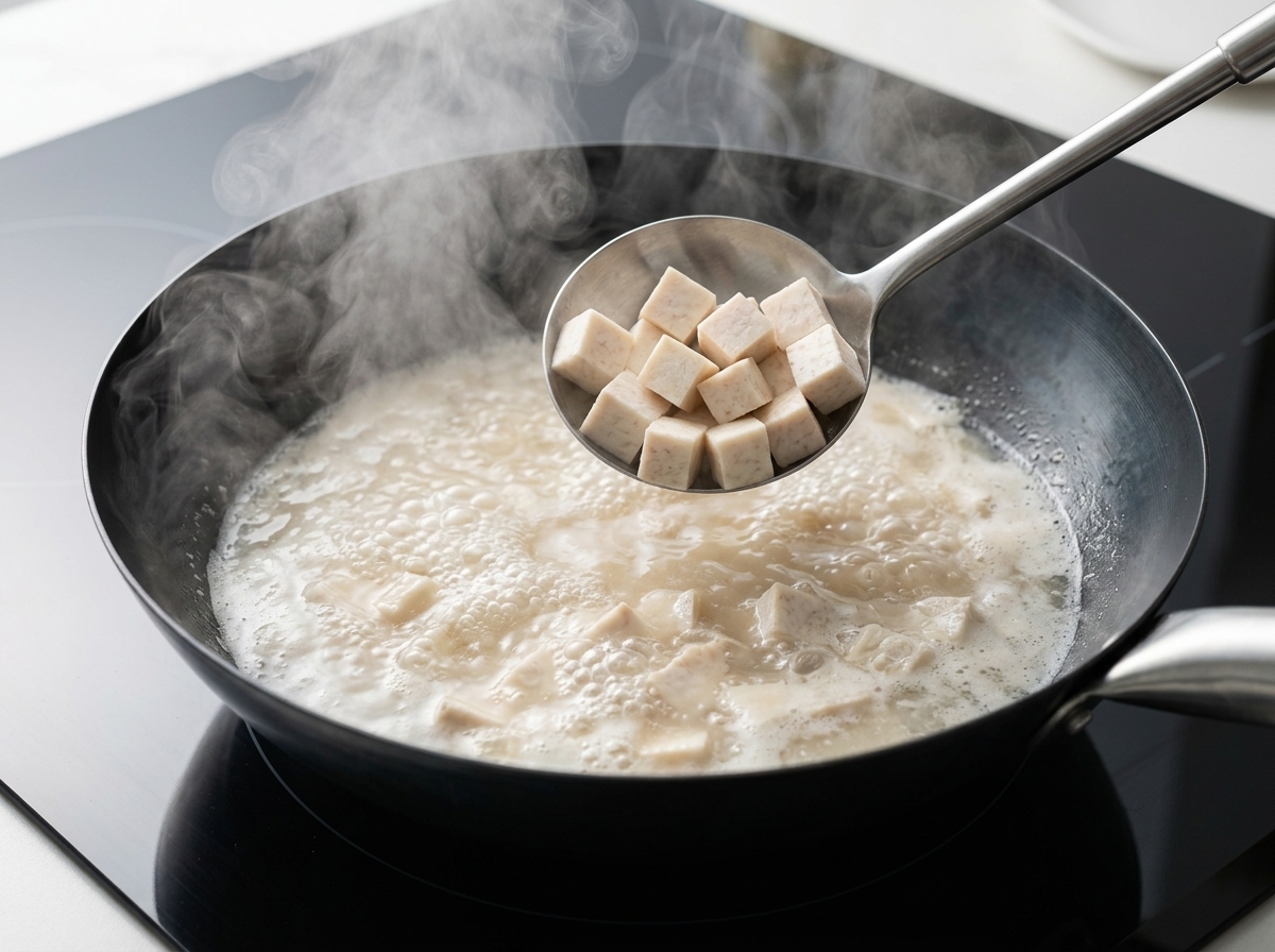 Cubetti di tofu che sobbollono nel brodo di funghi.