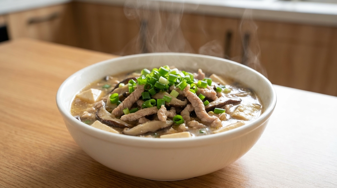 Zuppa saporita di maiale, tofu e funghi