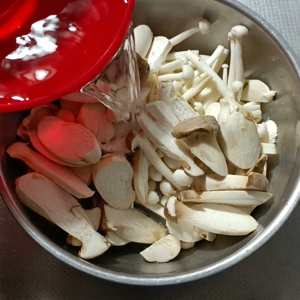 Acqua pulita versata su una ciotola contenente funghi tagliati.