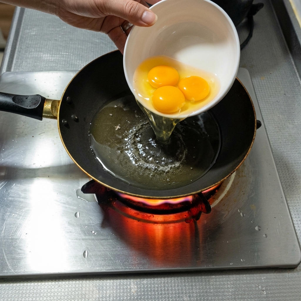 Tre uova che friggono in una padella calda con olio.
