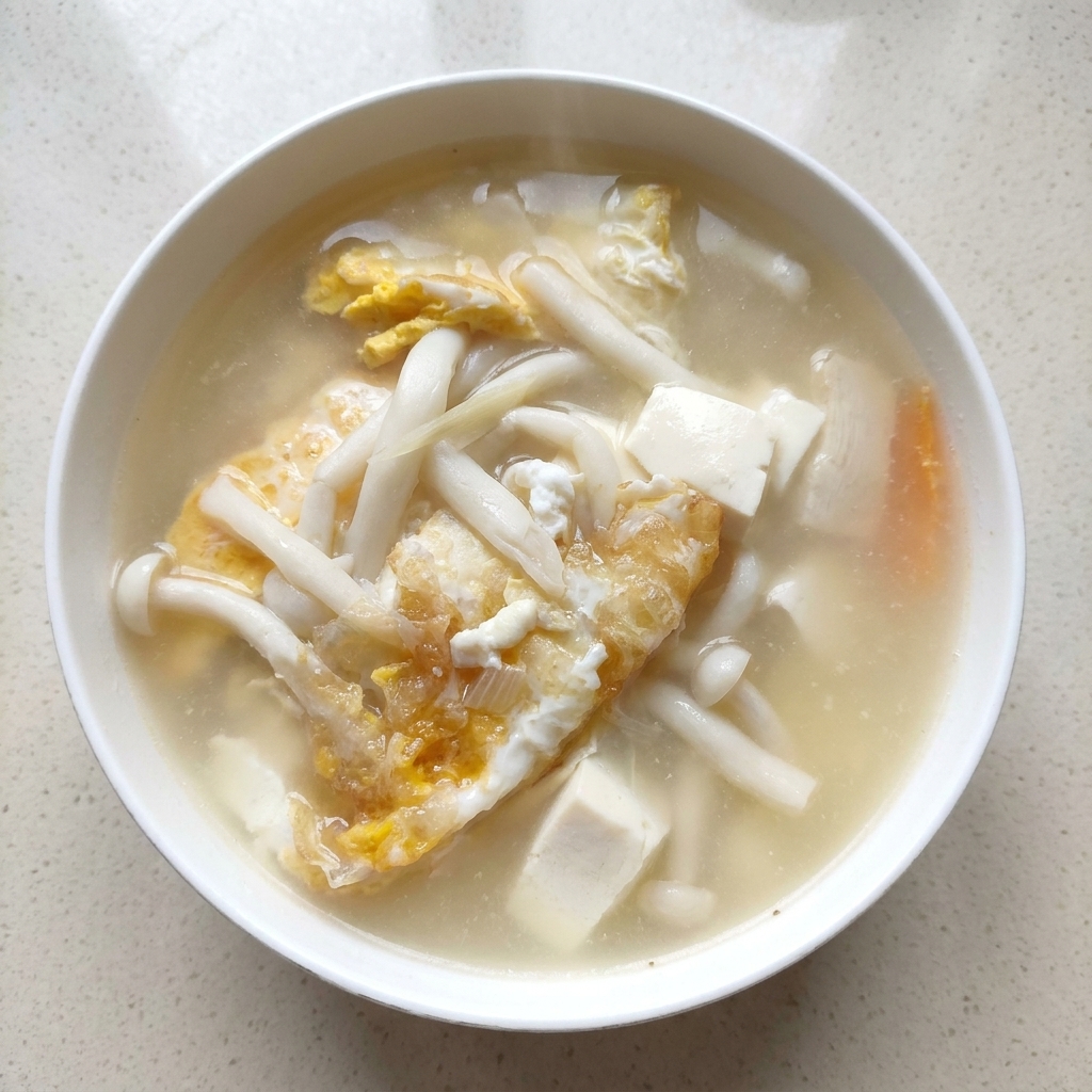 Una zuppa ricca in un tegame con funghi, carote, tofu e pezzi di uovo fritto.