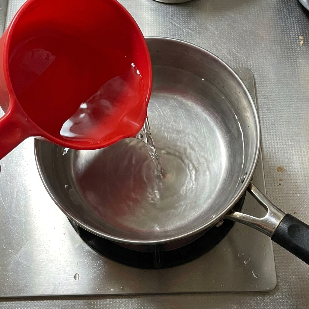Acqua bollente versata in un tegame di terracotta con uova fritte e aromi.