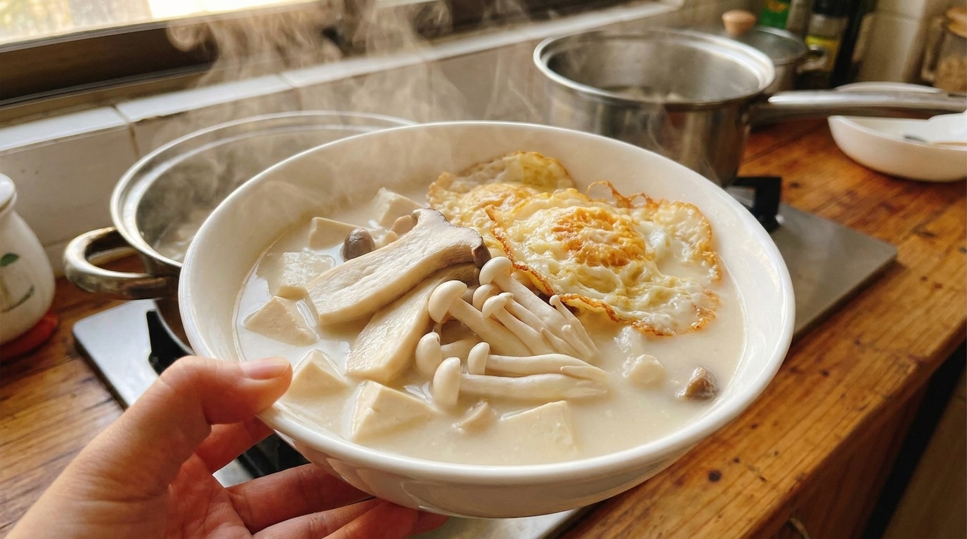 Una ciotola di zuppa cremosa di funghi e tofu con uova fritte dorate.