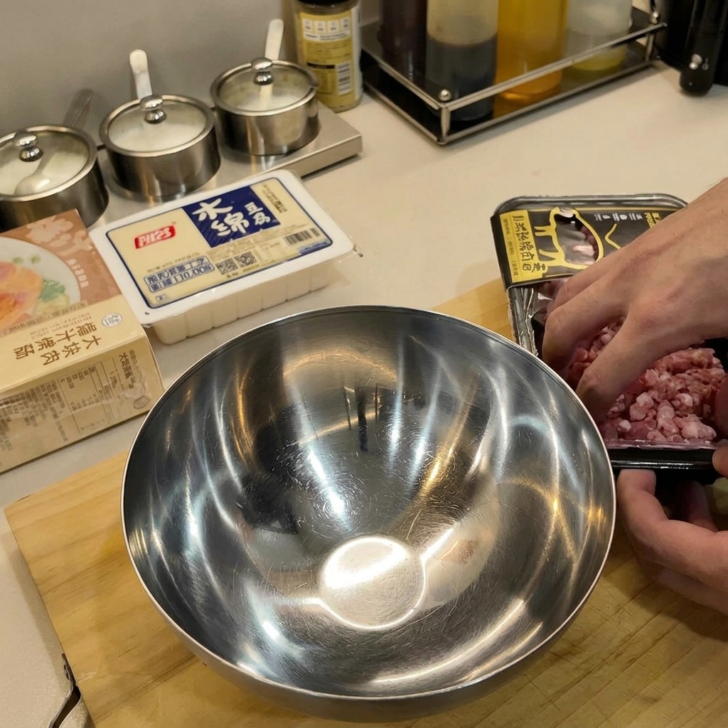 Carne macinata condita in una ciotola di acciaio inox pronta per essere mescolata.