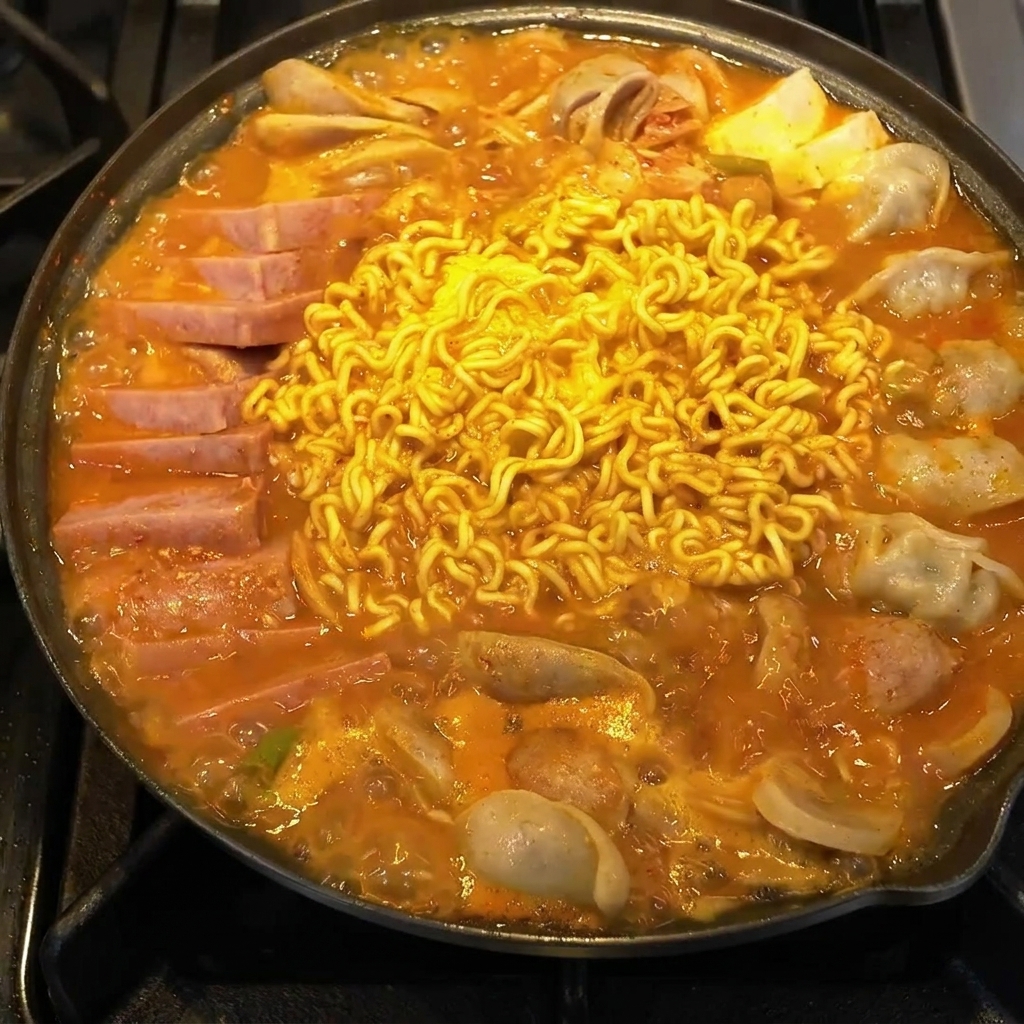 Una padella ampia con strati ordinati di carne in scatola, salsiccia e tofu su un letto di aromi.