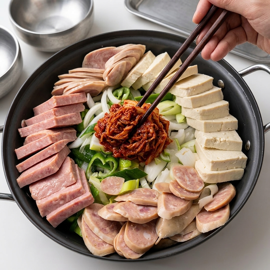 Ingredienti dello stufato disposti in una padella con kimchi, carne e salsa al centro.