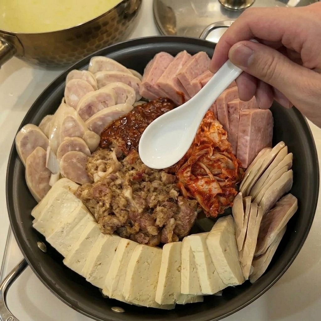 Il brodo viene versato sugli ingredienti disposti nella padella.