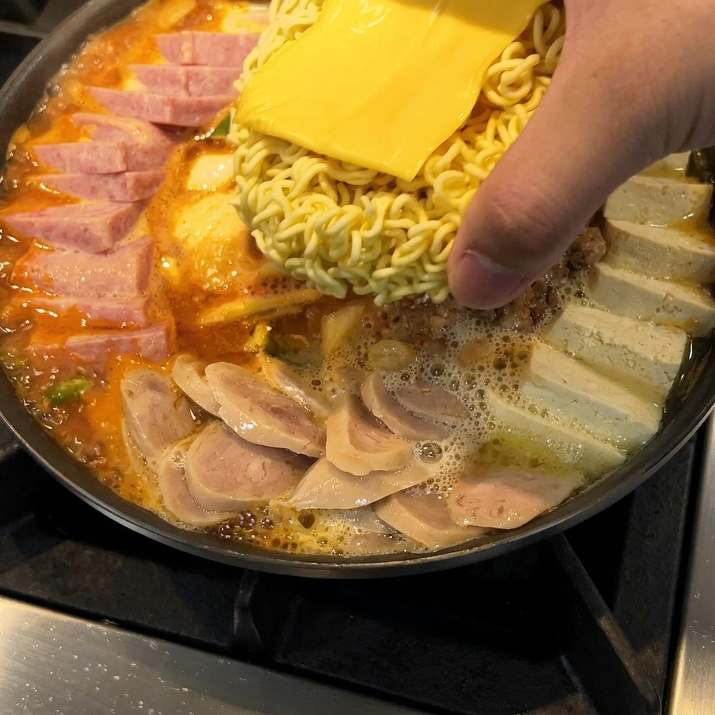 Un blocco di noodles istantanei sormontato da una fetta di formaggio cheddar, posto al centro dello stufato in ebollizione.