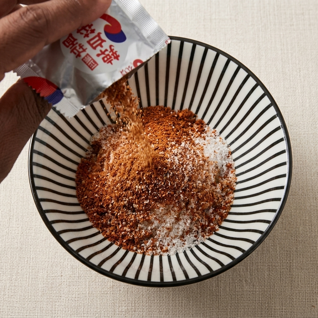 Polvere di condimento Shin Ramyun versata da una bustina argentata.