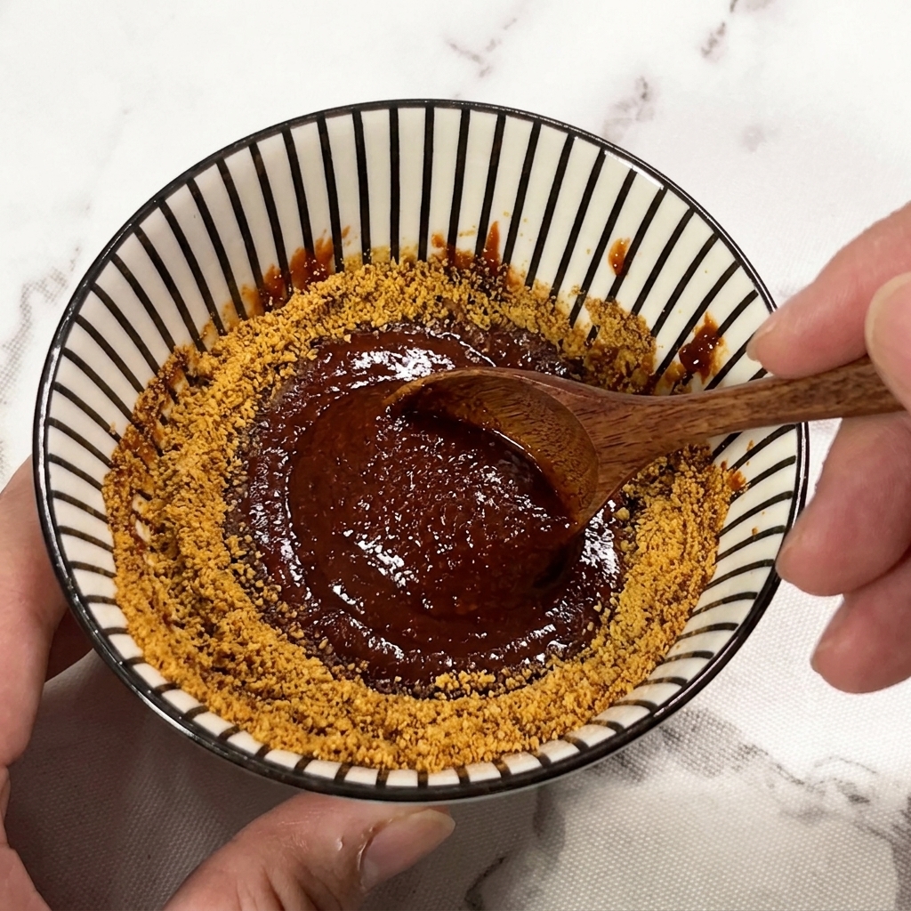 Un cucchiaio di legno che mescola gli ingredienti della salsa nella ciotola a righe.