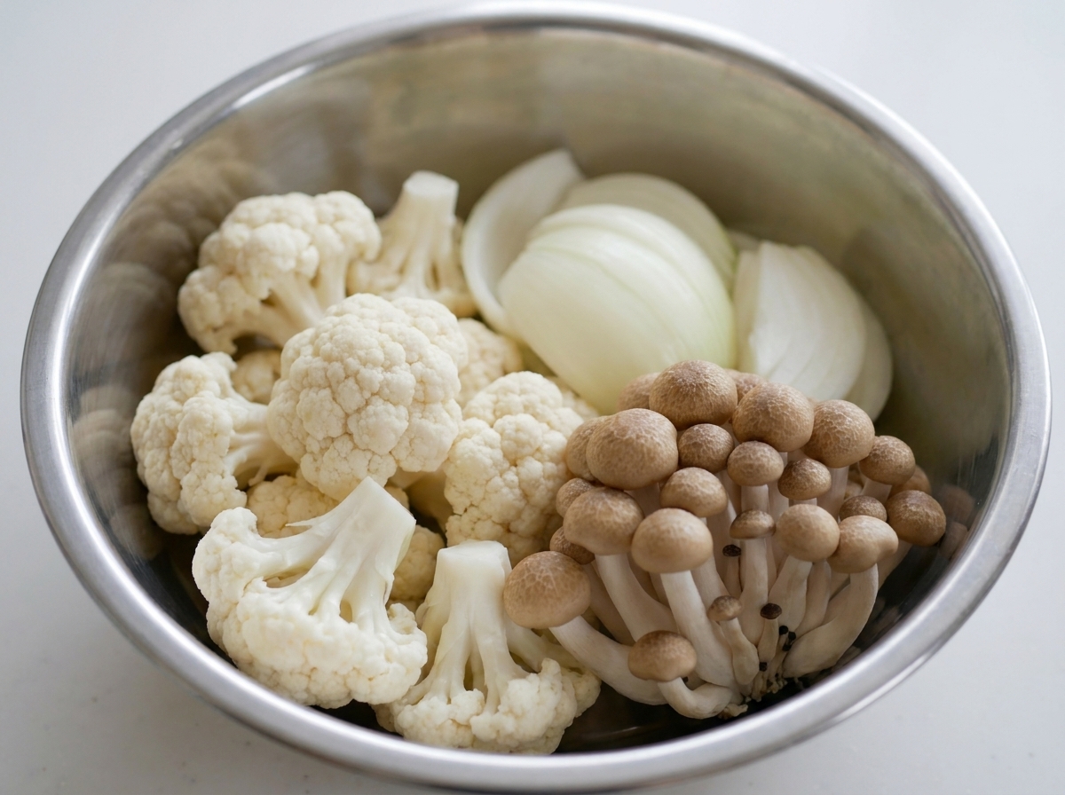 Cimette di cavolfiore e funghi shimeji aggiunti nella pentola.